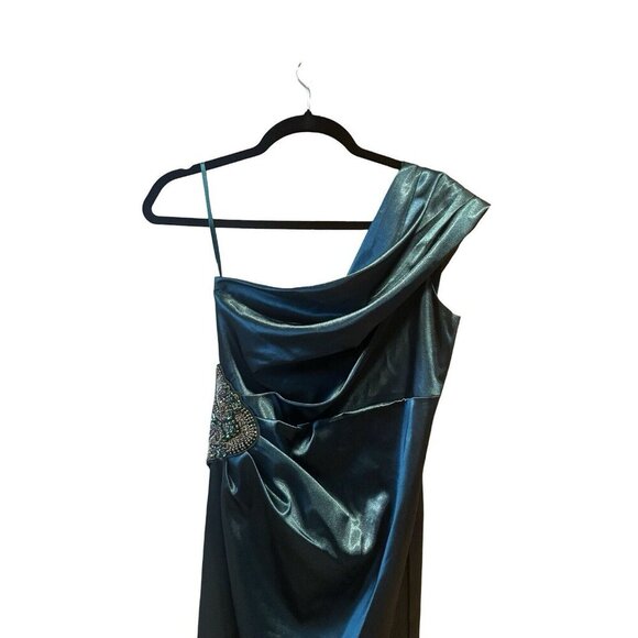 New Eliza J Women' One Shoulder Satin Sleeveless Hunter Green Sheath Gown Size 2 - Picture 6 of 10